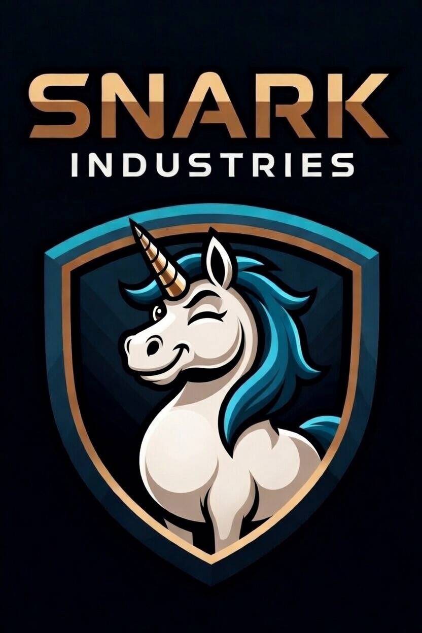 Snark Industries — a winking unicorn on a gold-and-blue crest